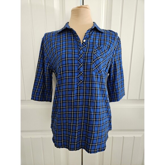 Gap Button Down Blue Plaid Flannel Shirt Boyfriend Fit Size L - Picture 1 of 9